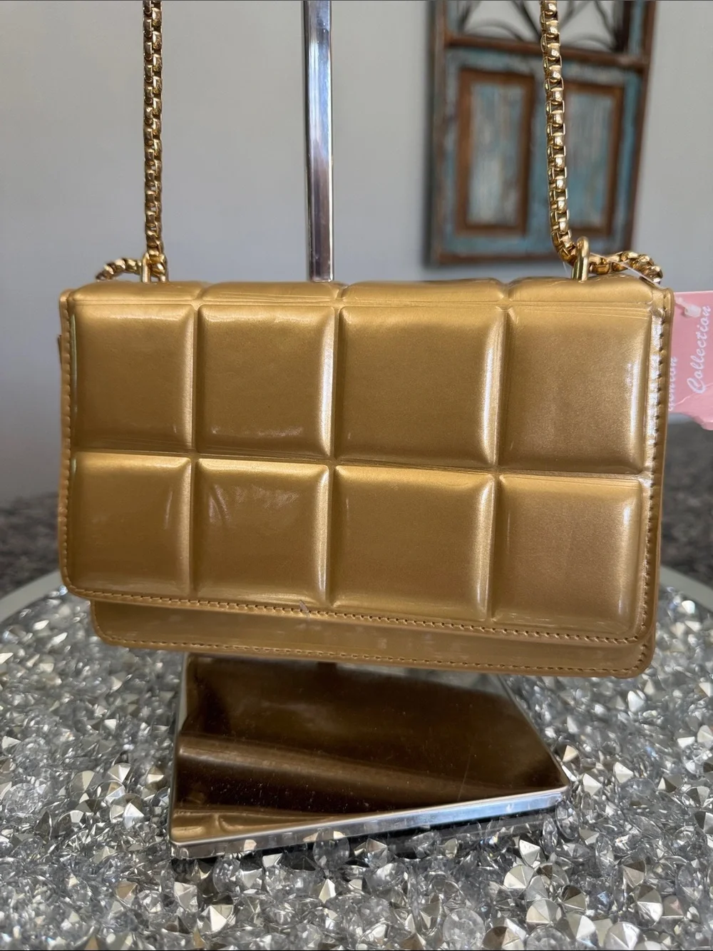 Metallic Gold Quilted shoulder clutch Bag with Chain Strap NWT